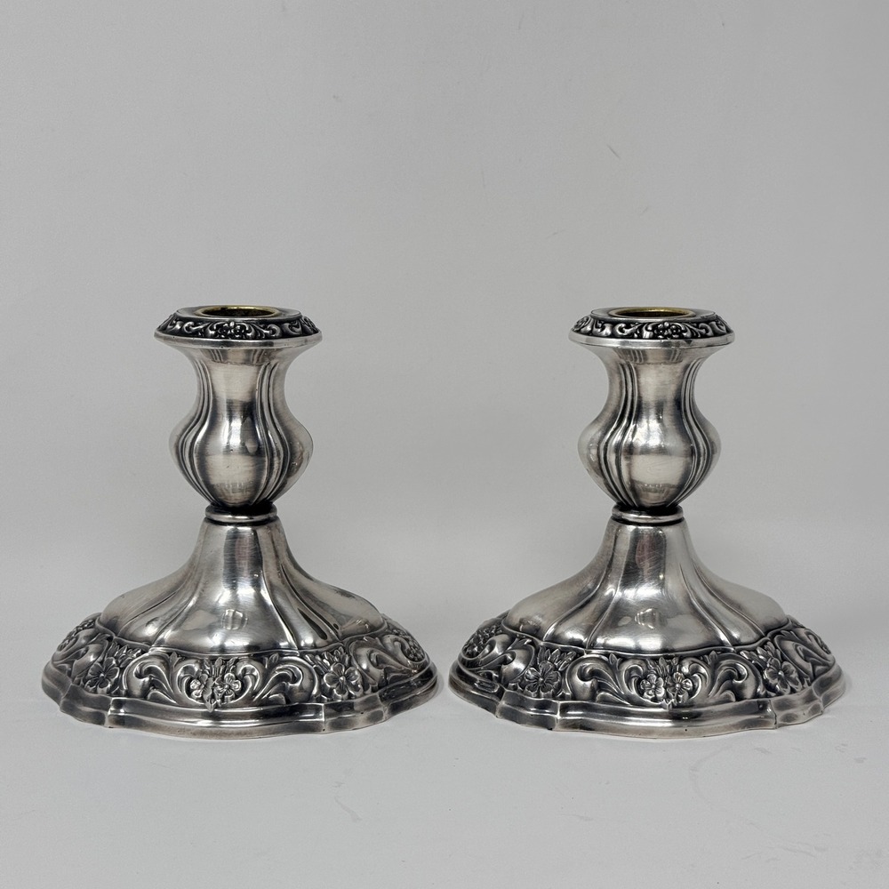 Vintage Poole Silver Co Countess Silverplate Candlestick Holders Pair Floral